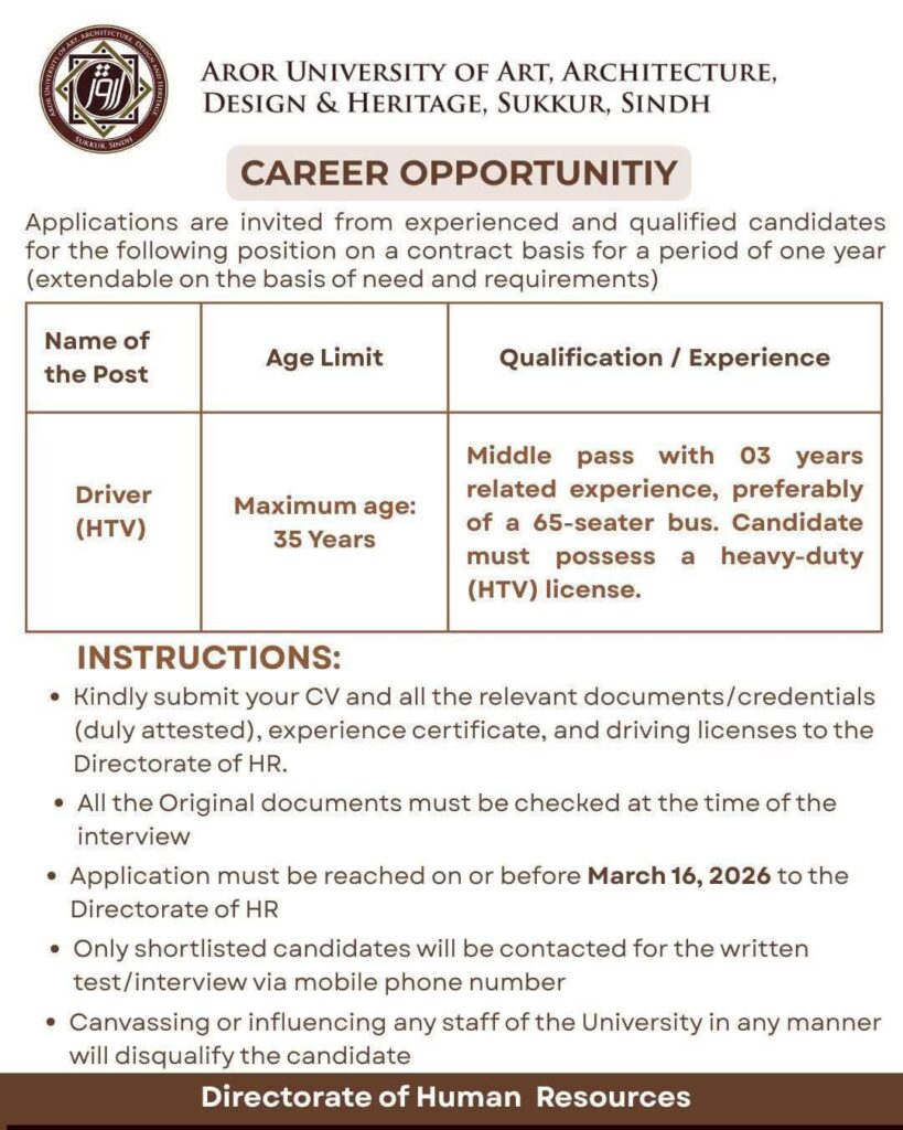 Aror University Sukkur Driver HTV Job Advertisement 2026
