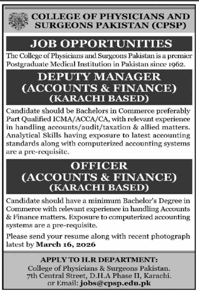 Official CPSP advertisement for Deputy Manager and Officer Accounts & Finance positions in Karachi
