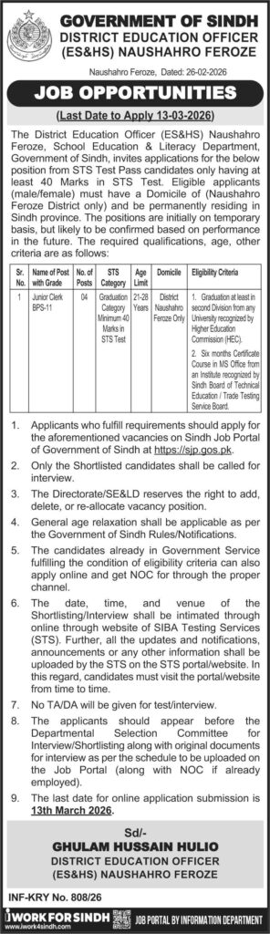Official job advertisement issued by District Education Officer (ES&HS) Naushahro Feroze for Junior Clerk BPS-11