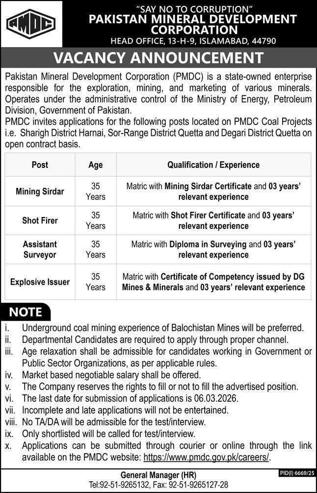 PMDC Jobs 2026 advertisement for Mining Sirdar, Shot Firer, Assistant Surveyor and Explosive Issuer positions at Pakistan Mineral Development Corporation