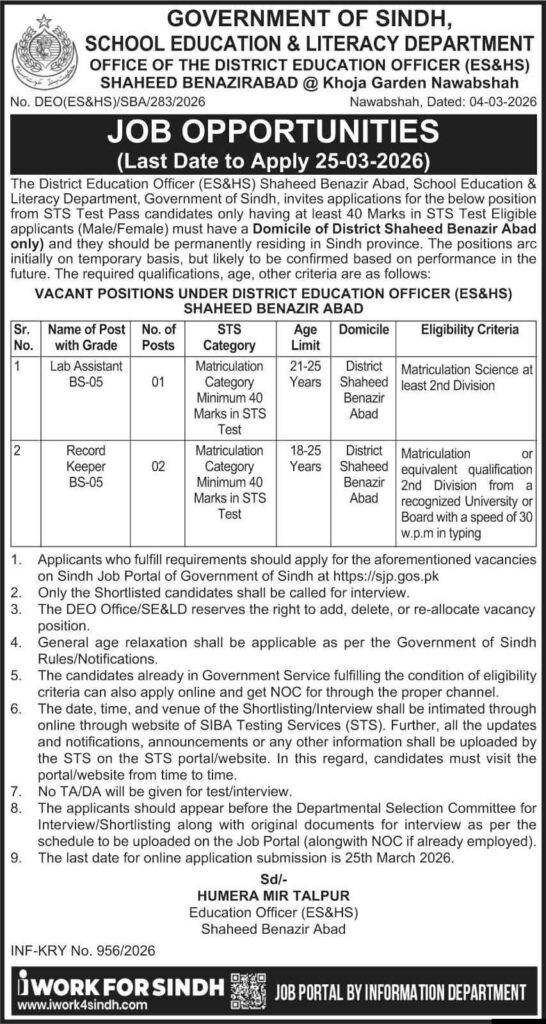 Sindh Education Department Nawabshah Jobs Advertisement 2026