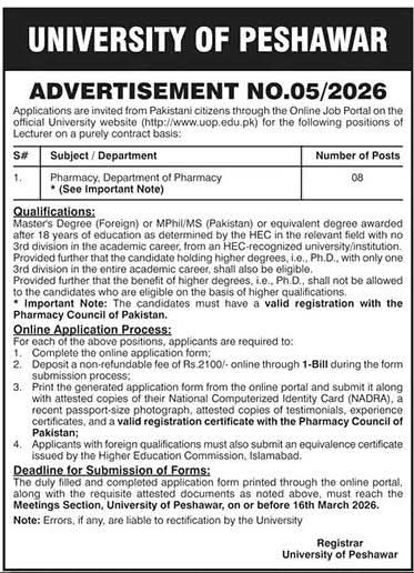 University of Peshawar Lecturer Jobs 2026 Advertisement No 05