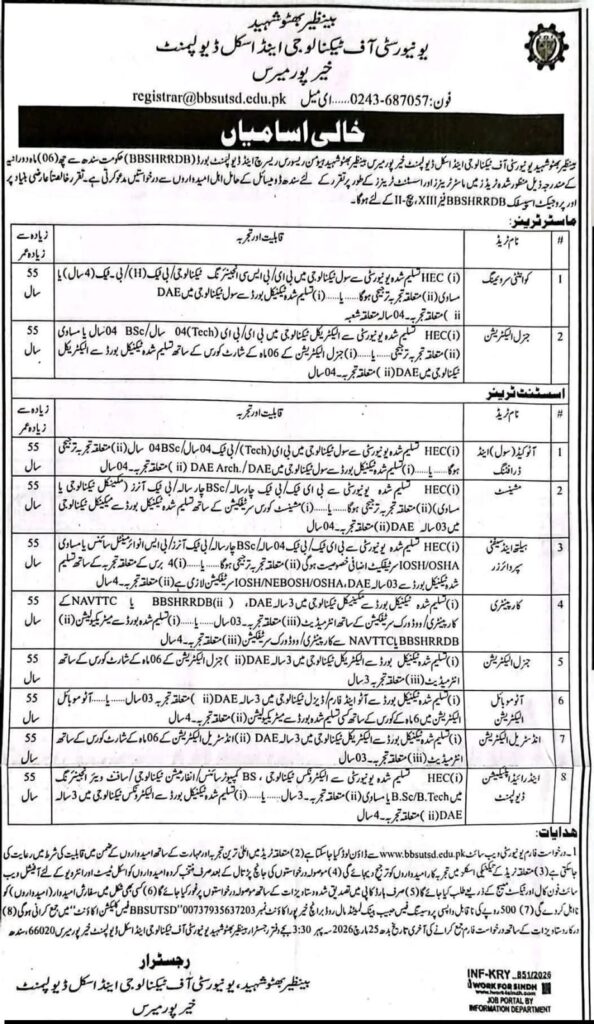Benazir Bhutto Shaheed University Khairpur Mirs Jobs Advertisement 2026