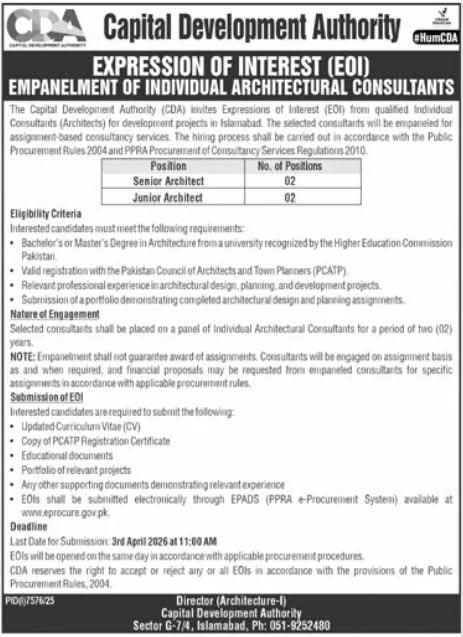 CDA Islamabad Architect Jobs 2026 advertisement for Senior and Junior Architects
