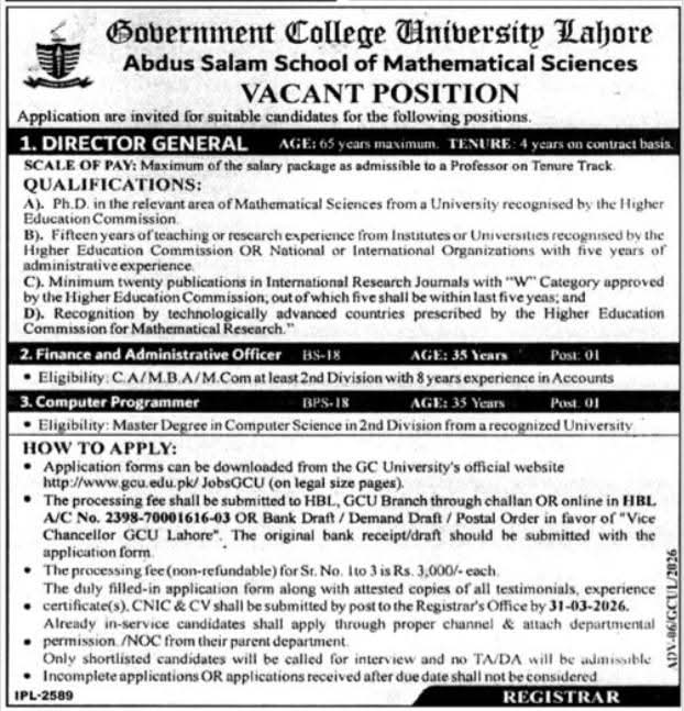 GC University Lahore Jobs 2026 advertisement for Director General Finance Officer and Computer Programmer