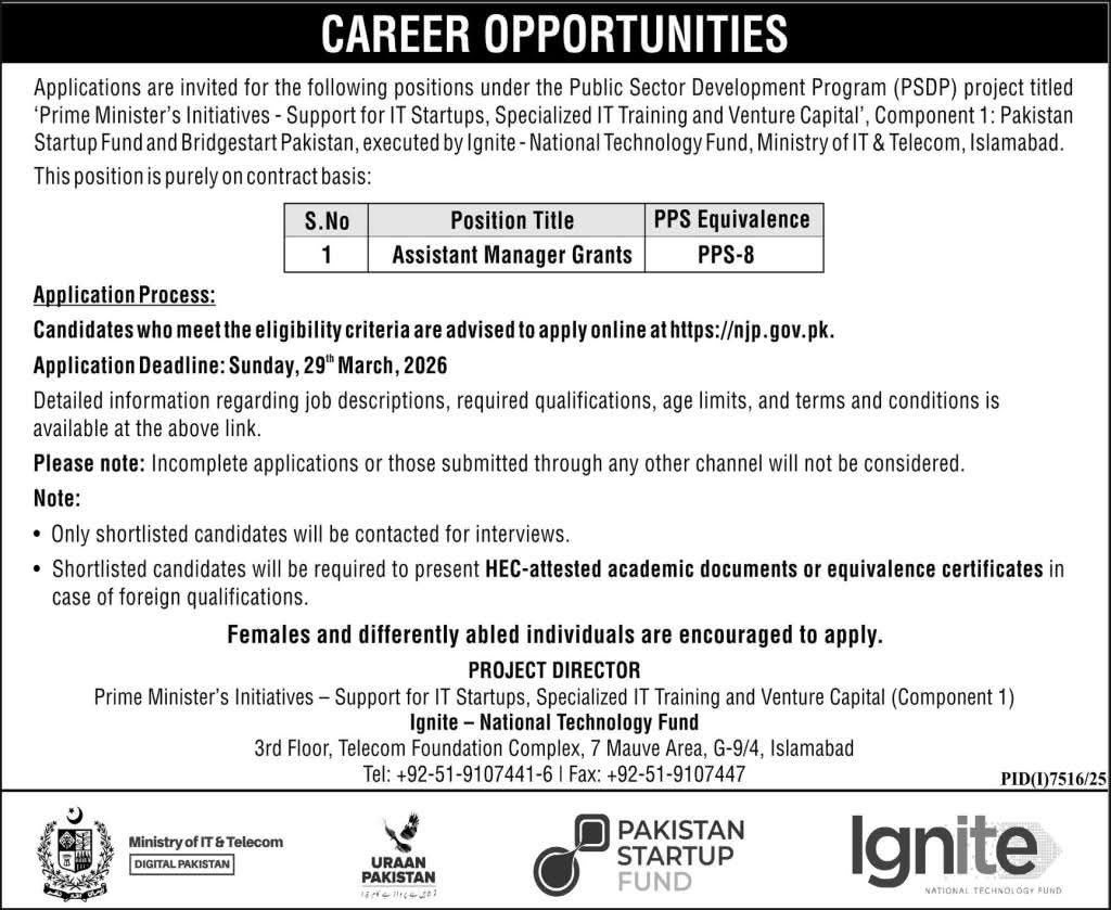 Ignite Jobs 2026 advertisement for Assistant Manager Grants PPS-8 position