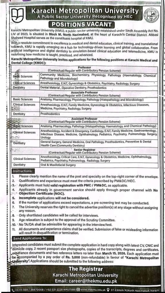 Karachi Metropolitan University Jobs 2026 advertisement for professor and medical faculty positions