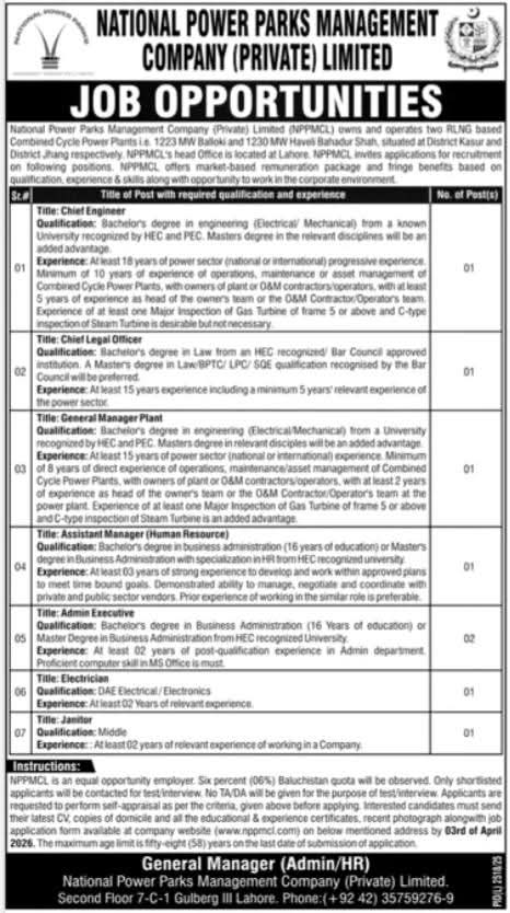 NPPMC Jobs 2026 advertisement for Chief Engineer Legal Advisor Plant Manager and other vacancies