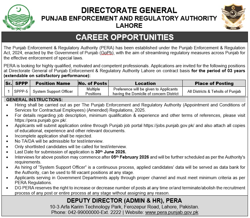 PERA Jobs 2026 Punjab advertisement System Support Officer 368 vacancies