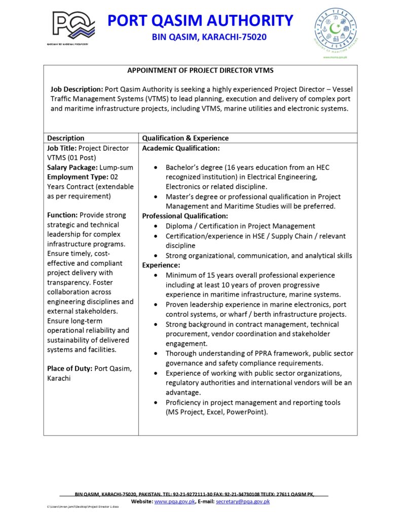 Port Qasim Authority job advertisement for Project Director VTMS 2026