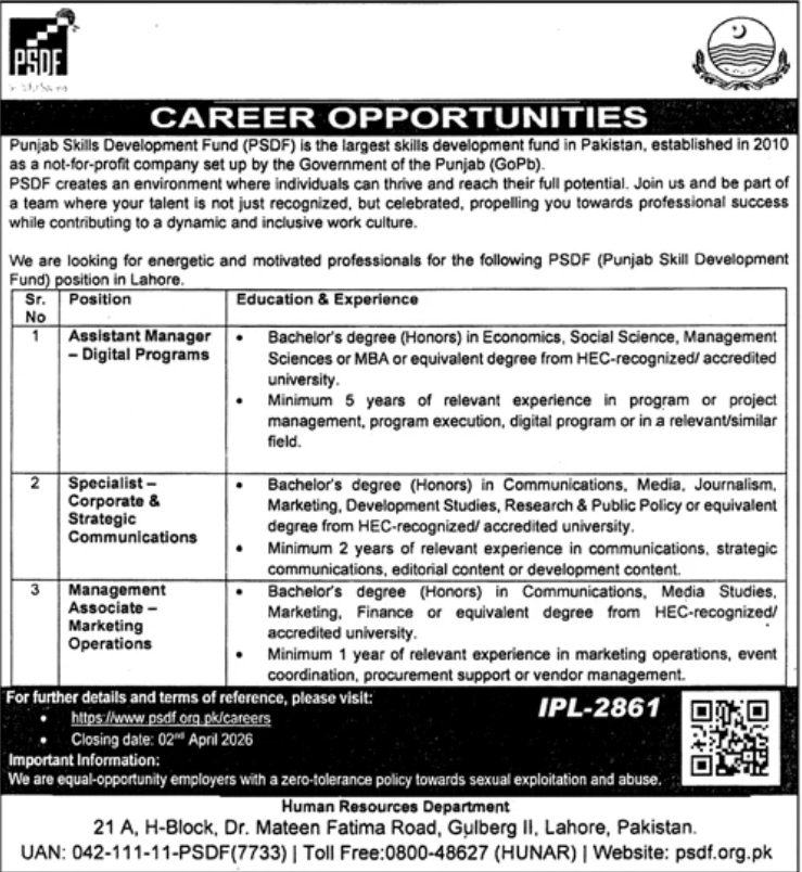 PSDF Jobs 2026 Lahore Assistant Manager Specialist Marketing roles advertisement