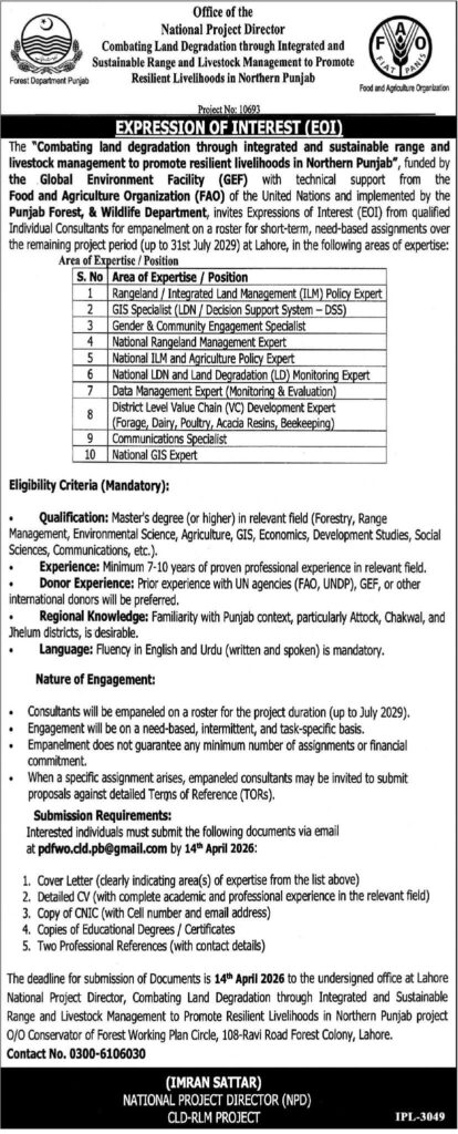 Punjab Forest Department EOI 2026 consultant jobs advertisement with eligibility and deadline