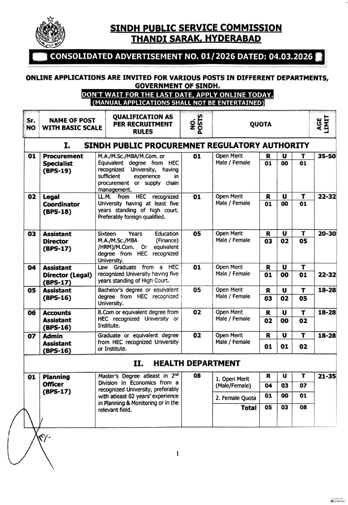 SPSC Jobs 2026 Advertisement No 01 2026 Sindh Public Service Commission Vacancies