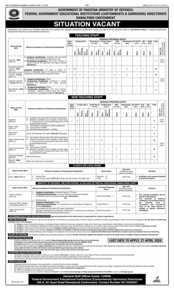 FGEI Jobs 2026 advertisement Ministry of Defence Pakistan teaching non teaching vacancies