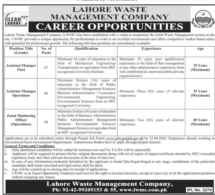 LWMC Jobs 2026 Lahore Waste Management Company career opportunities advertisement