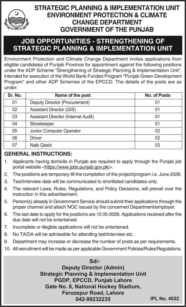 Punjab Environment Protection & Climate Change Department Jobs 2026