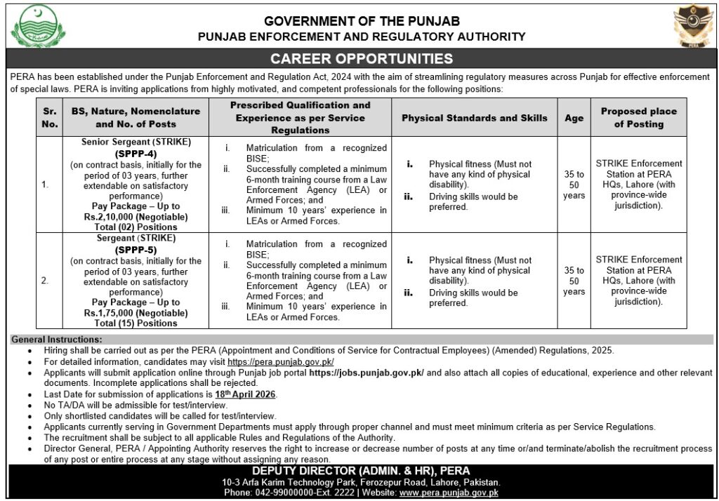 Sergeant jobs in pera force 2026 Punjab Enforcement and Regulatory Authority career advertisement