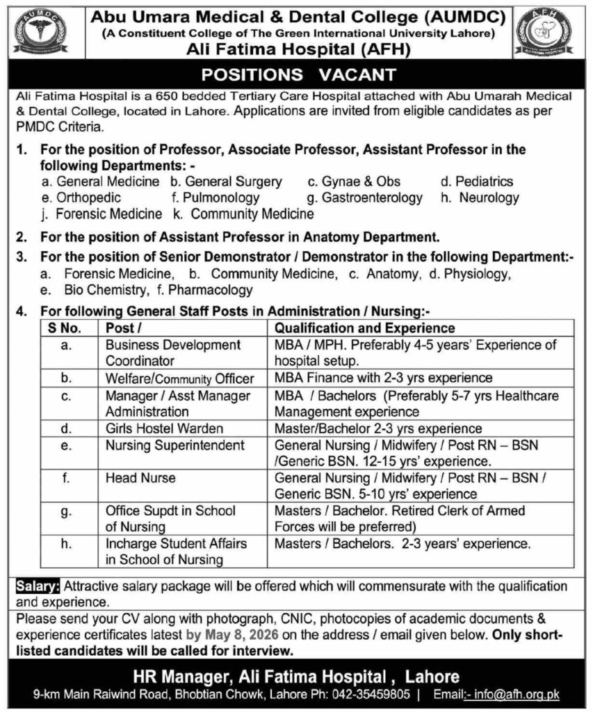 Ali Fatima Hospital Lahore Jobs 2026 advertisement with medical and admin vacancies