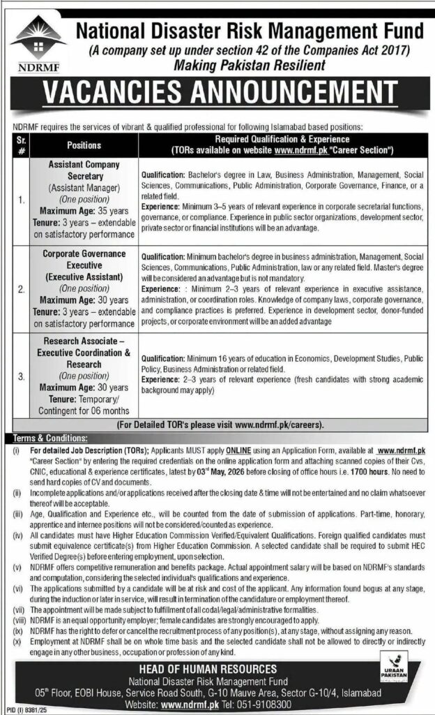 NDRMF Jobs 2026 Islamabad vacancies announcement with positions and eligibility details