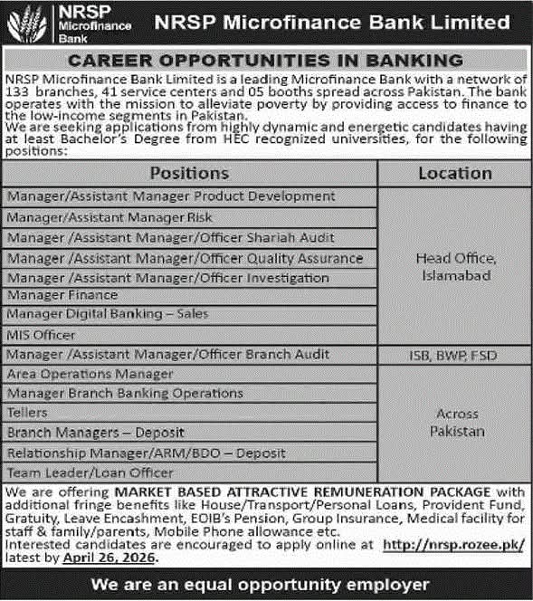 NRSP Microfinance Bank Jobs 2026 advertisement with multiple banking positions across Pakistan