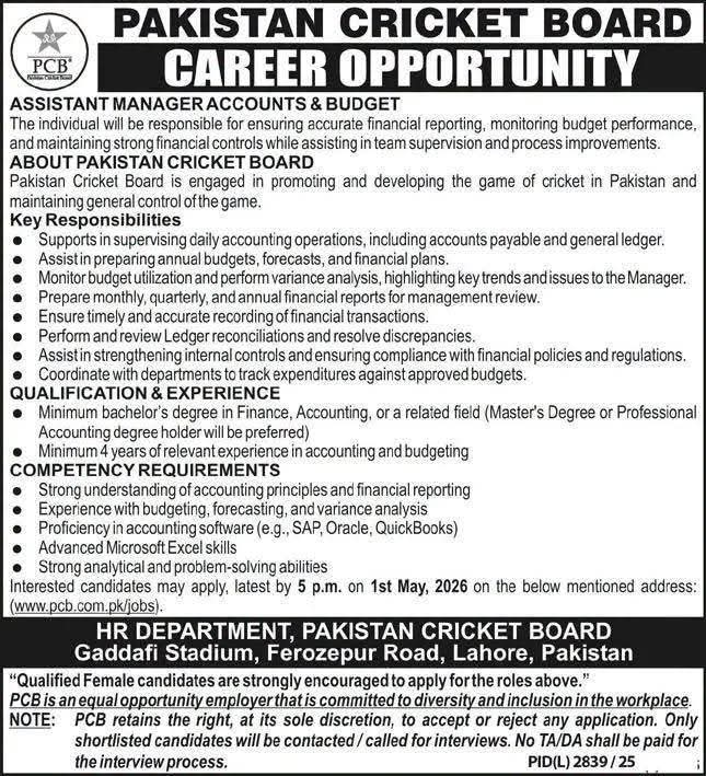 Pakistan Cricket Board Jobs 2026 Assistant Manager Accounts and Budget Lahore advertisement