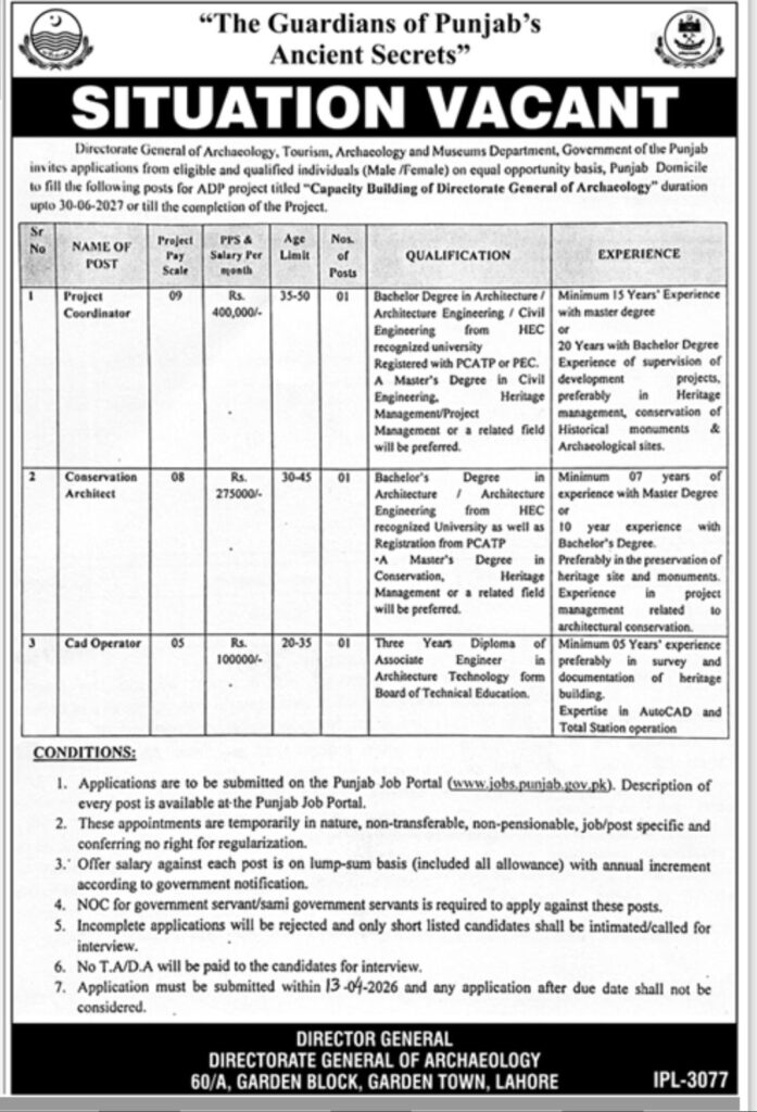 Punjab Archaeology Jobs 2026 advertisement showing vacancies, salaries, and eligibility criteria