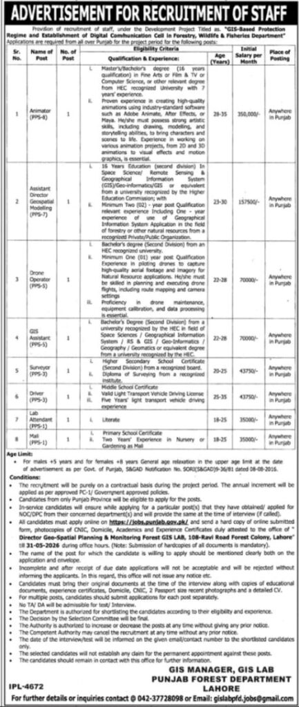 Punjab Forest Department Jobs 2026 advertisement for GIS, Drone Operator, Surveyor, Driver vacancies