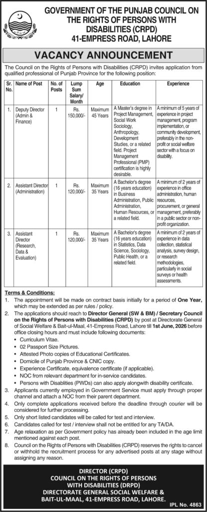 CRPD Punjab Jobs 2026 advertisement for Deputy Director and Assistant Director vacancies in Lahore