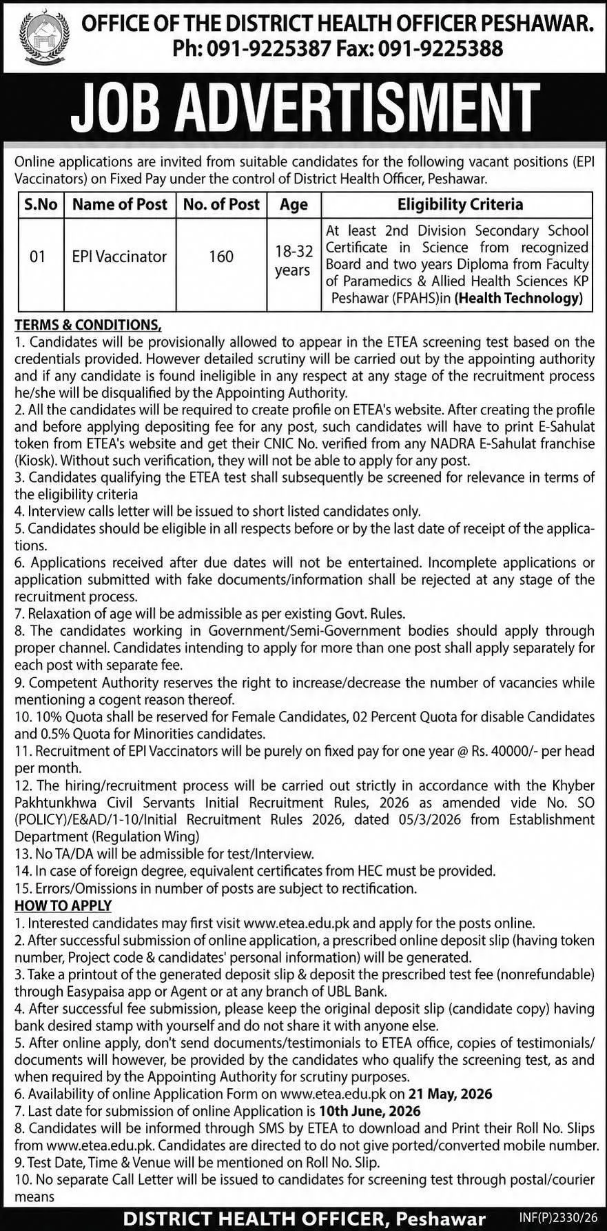 District Health Officer DHO Peshawar EPI Vaccinator Jobs 2026 advertisement