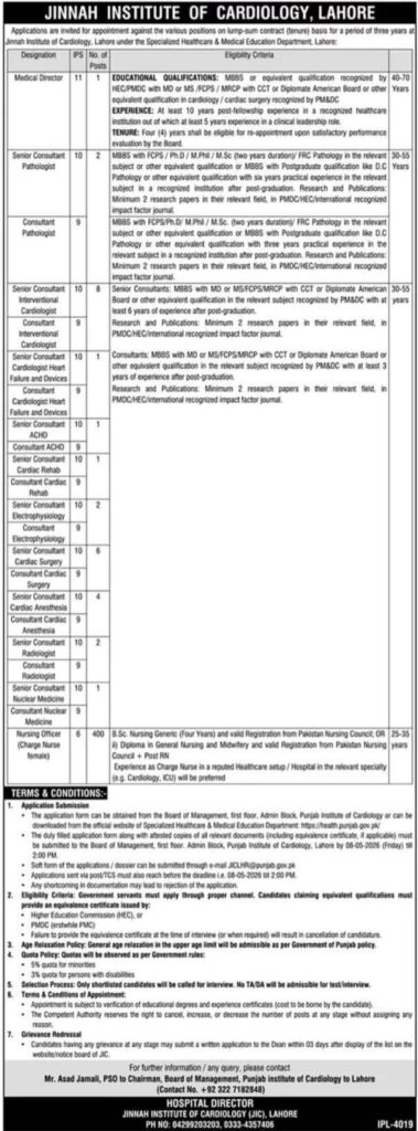 Jinnah Institute of Cardiology Lahore Jobs 2026 advertisement with 400 nursing vacancies