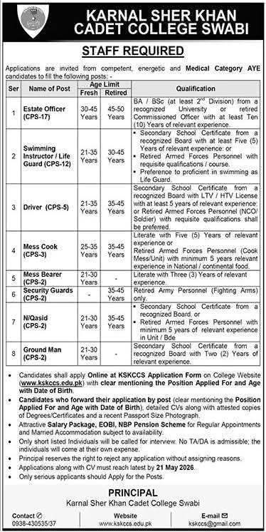 Karnal Sher Khan Cadet College Swabi Jobs 2026 advertisement for staff vacancies