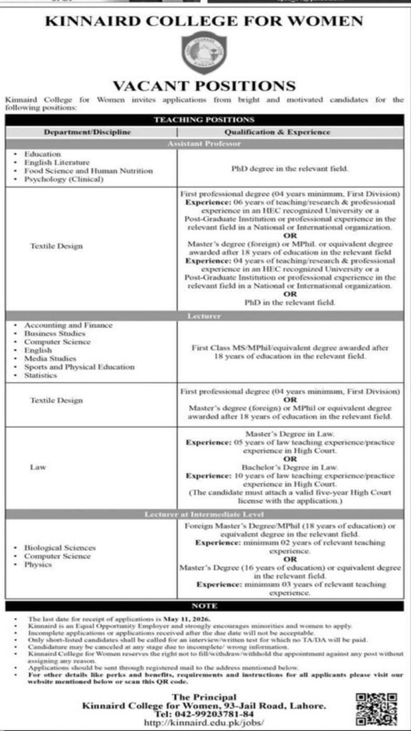 Kinnaird College for Women Lahore teaching jobs advertisement 2026