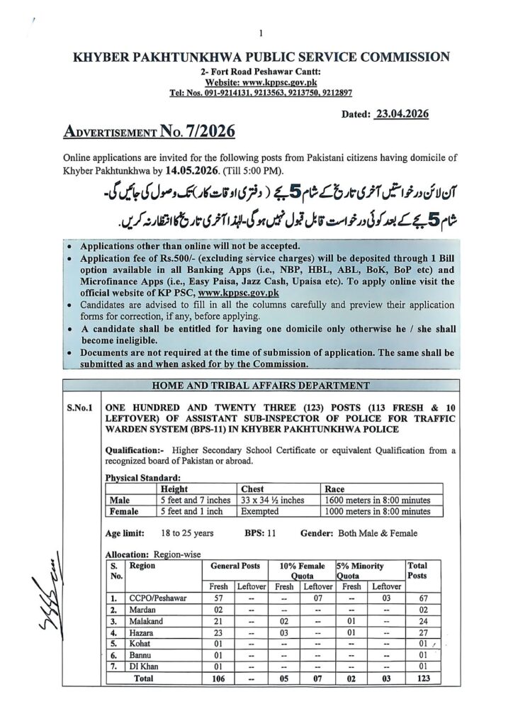 KPPSC Advertise No. 7/2026 advertisement for 123 ASI Traffic Warden posts in Khyber Pakhtunkhwa Police