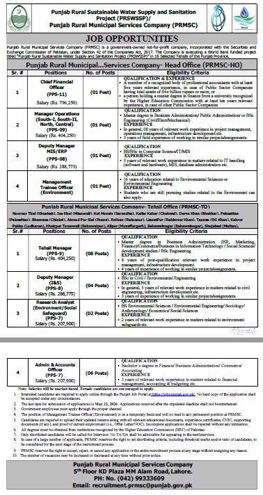 PRMSC Jobs 2026 Punjab Rural Municipal Services Company advertisement