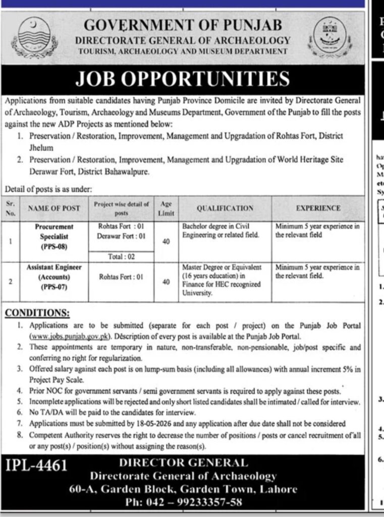 Punjab Archaeology Department Jobs 2026 advertisement for Procurement Specialist and Assistant Engineer Accounts posts
