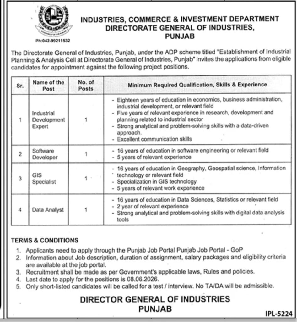 Directorate General of Industries Punjab Jobs 2026 advertisement