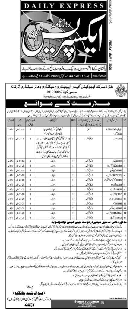 Sindh Education Department Jobs 2026 advertisement for Lab Assistant and Junior Clerk vacancies in Larkana