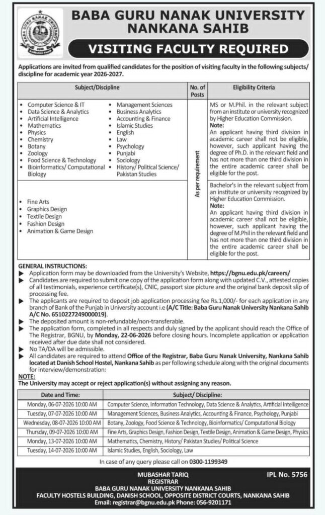 Baba Guru Nanak University Nankana Sahib BGNU Visiting Faculty Jobs 2026 advertisement for multiple academic disciplines.