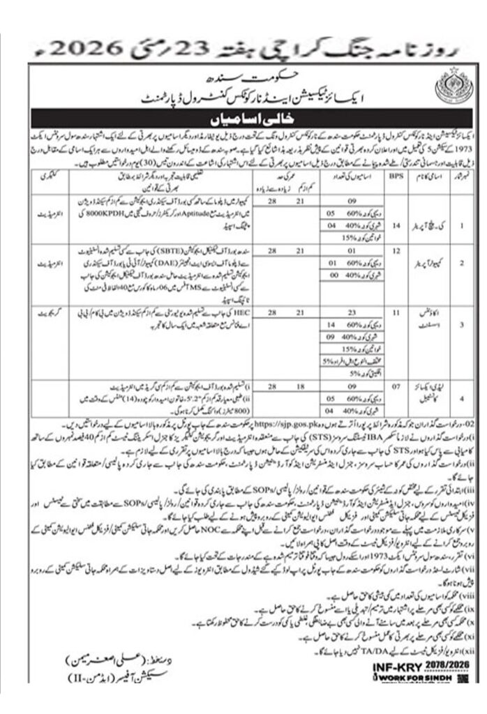 Excise Taxation and Narcotics Control Department Sindh Jobs 2026 advertisement for Key Punch Operator, Sub Inspector and Assistant Inspector vacancies