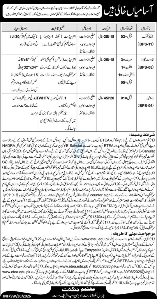 Forest Department Swat Jobs 2026 advertisement for Junior Clerk BPS-11, Forest Guard BPS-08, and Driver BPS-06 vacancies through ETEA