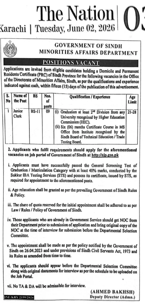 Government of Sindh Minorities Affairs Department Junior Clerk Jobs 2026 advertisement