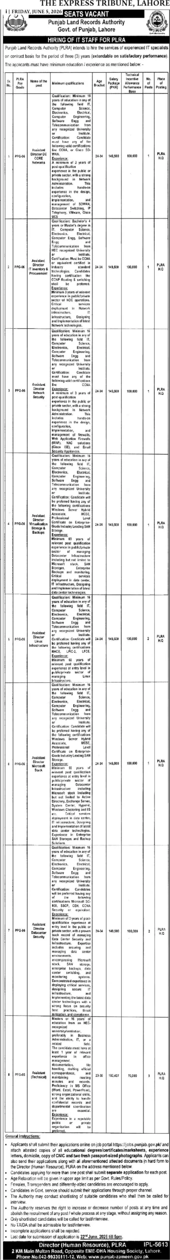 Punjab Land Records Authority PLRA Jobs 2026 advertisement for IT and cybersecurity vacancies in Lahore