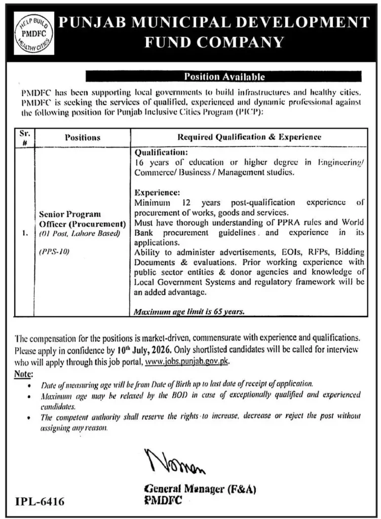 PMDFC Jobs 2026 – Punjab Municipal Development Fund Company Senior Program Officer Procurement PPS-10 job advertisement Lahore