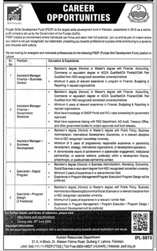 PSDF Jobs 2026 advertisement for Assistant Manager and Specialist positions in Lahore
