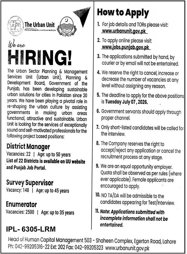 Urban Unit Jobs 2026 advertisement announcing 2670 vacancies for District Manager Survey Supervisor and Enumerator positions in Punjab