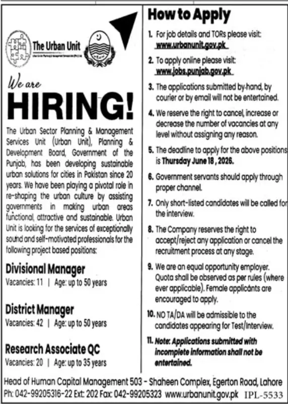 Urban Unit Jobs 2026 advertisement for Divisional Manager District Manager and Research Associate QC vacancies in Punjab