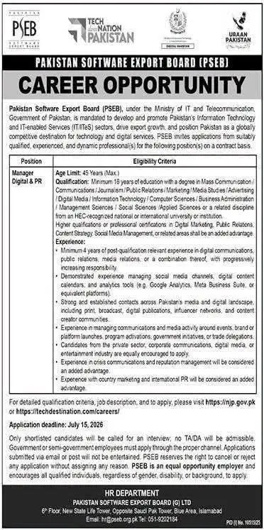 Pakistan Software Export Board PSEB Manager Digital and PR Jobs 2026 official advertisement