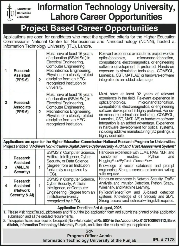 ITU Lahore Jobs 2026 – Information Technology University Research Career Opportunities Advertisement