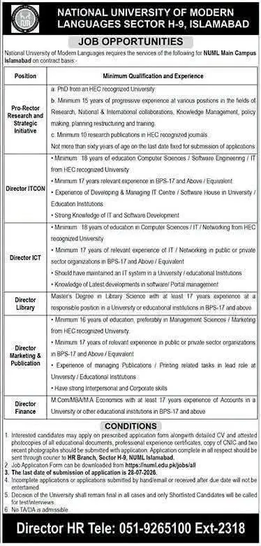 NUML Islamabad Jobs 2026 – National University of Modern Languages Islamabad Director and Pro-Rector Career Opportunities