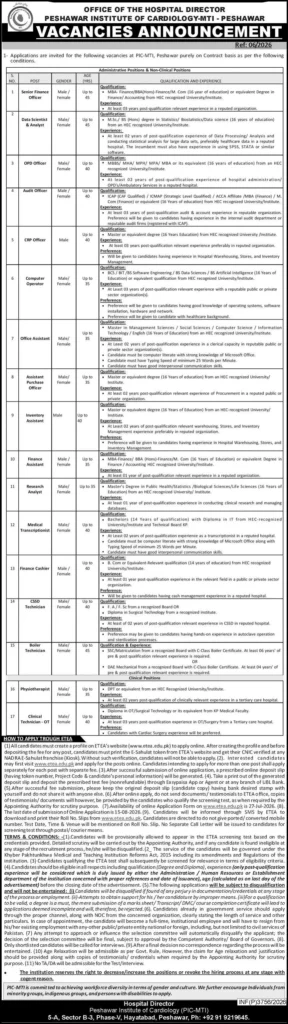 PIC-MTI Peshawar Jobs 2026 –Peshawar Institute of Cardiology MTI Jobs 2026 Apply Online